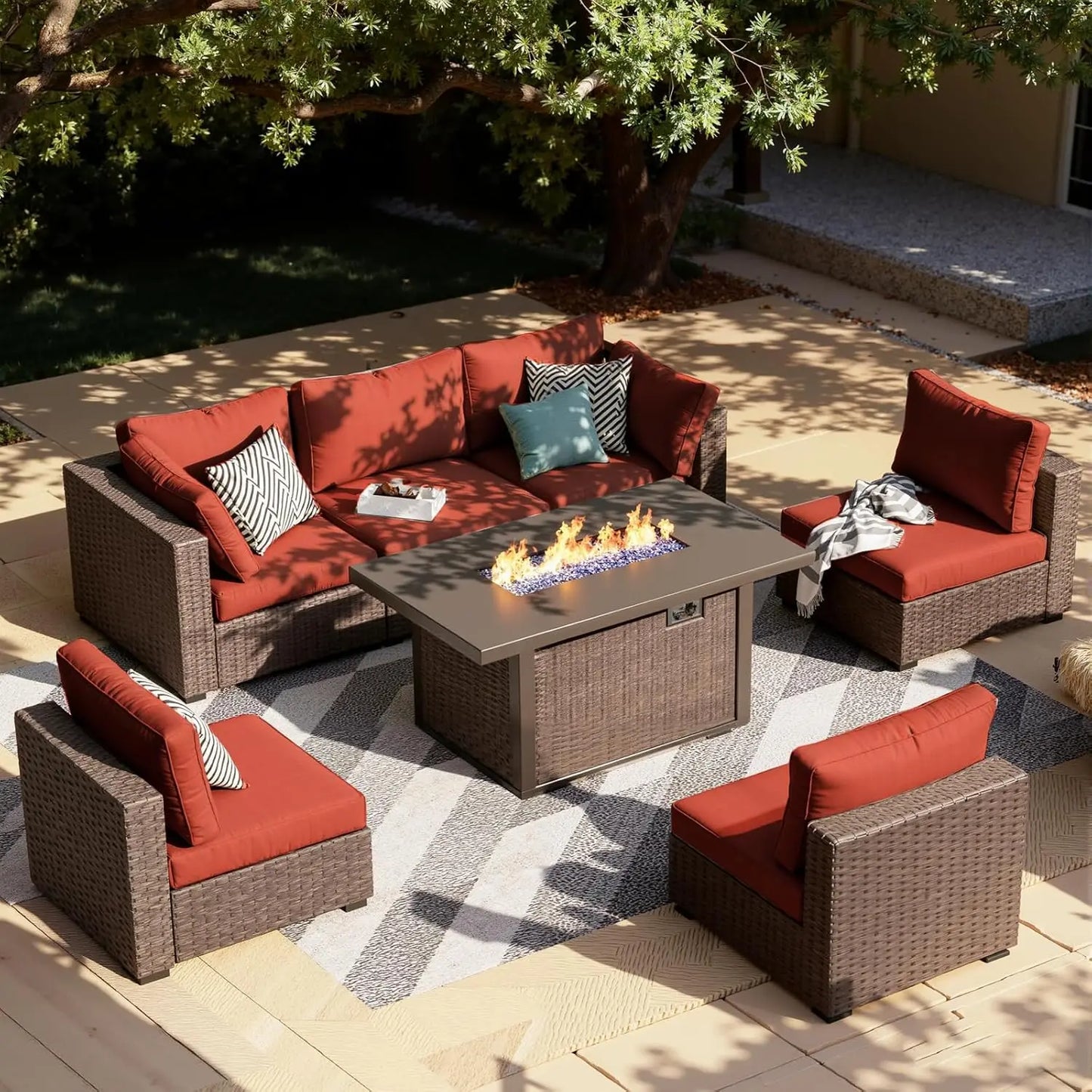 XIAOLANG 7 Piece Outdoor Patio Furniture Set With Propane Firepit Table