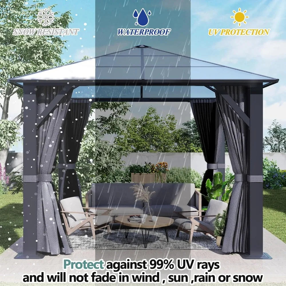 10'x10' Hardtop Gazebo, Outdoor Polycarbonate Roof Gazebo, Heavy Duty Metal Permanent Pavilion with Curtains & Netting