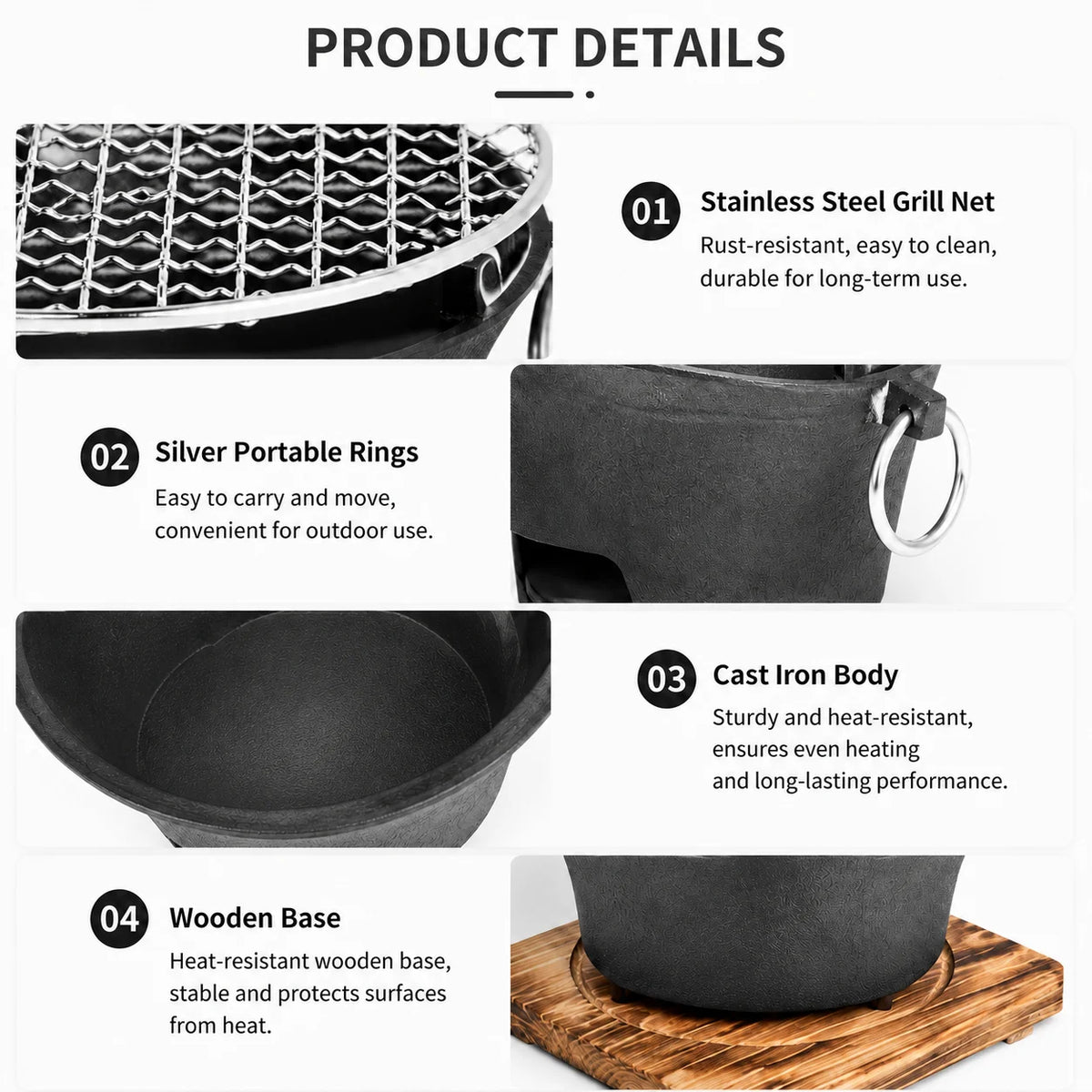 KL1 Portable Cast Iron Charcoal Grill For Outdoor Cooking