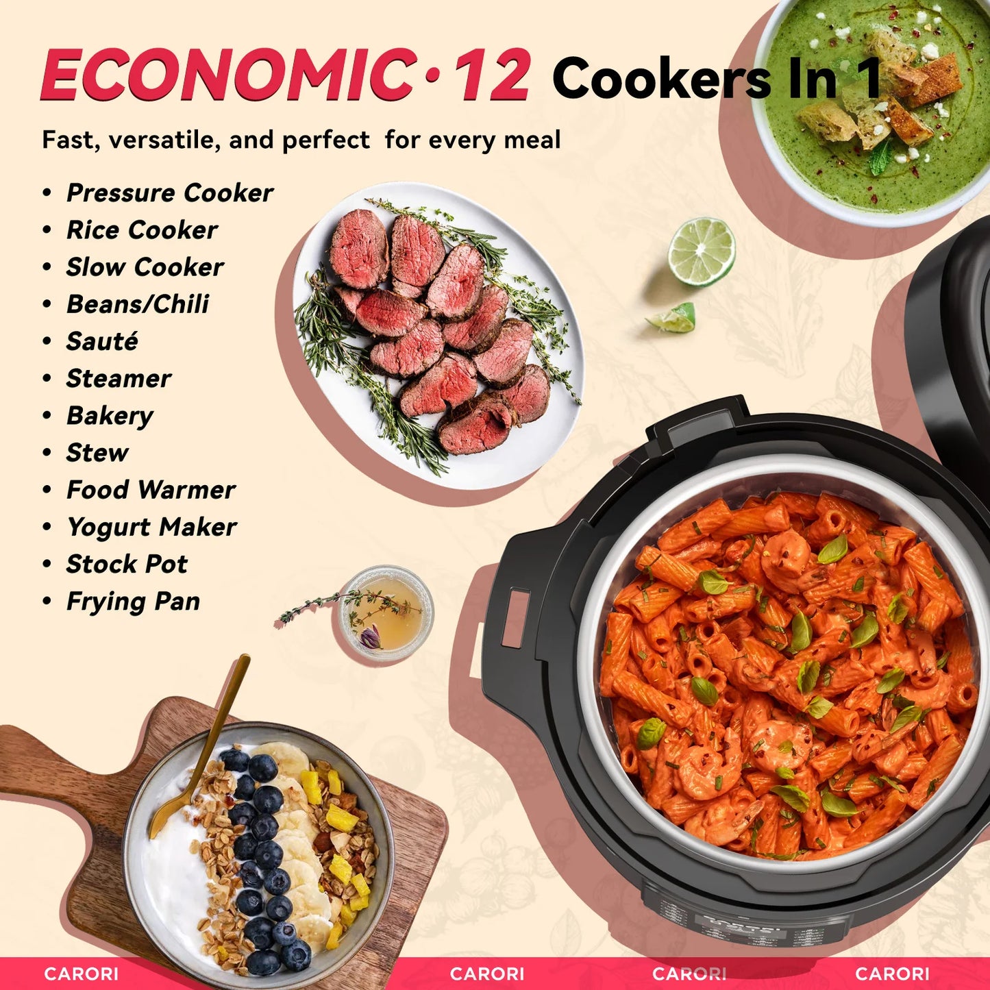 Carori 1200W 12-In-1 Electric Pressure Cooker Stainless Steel