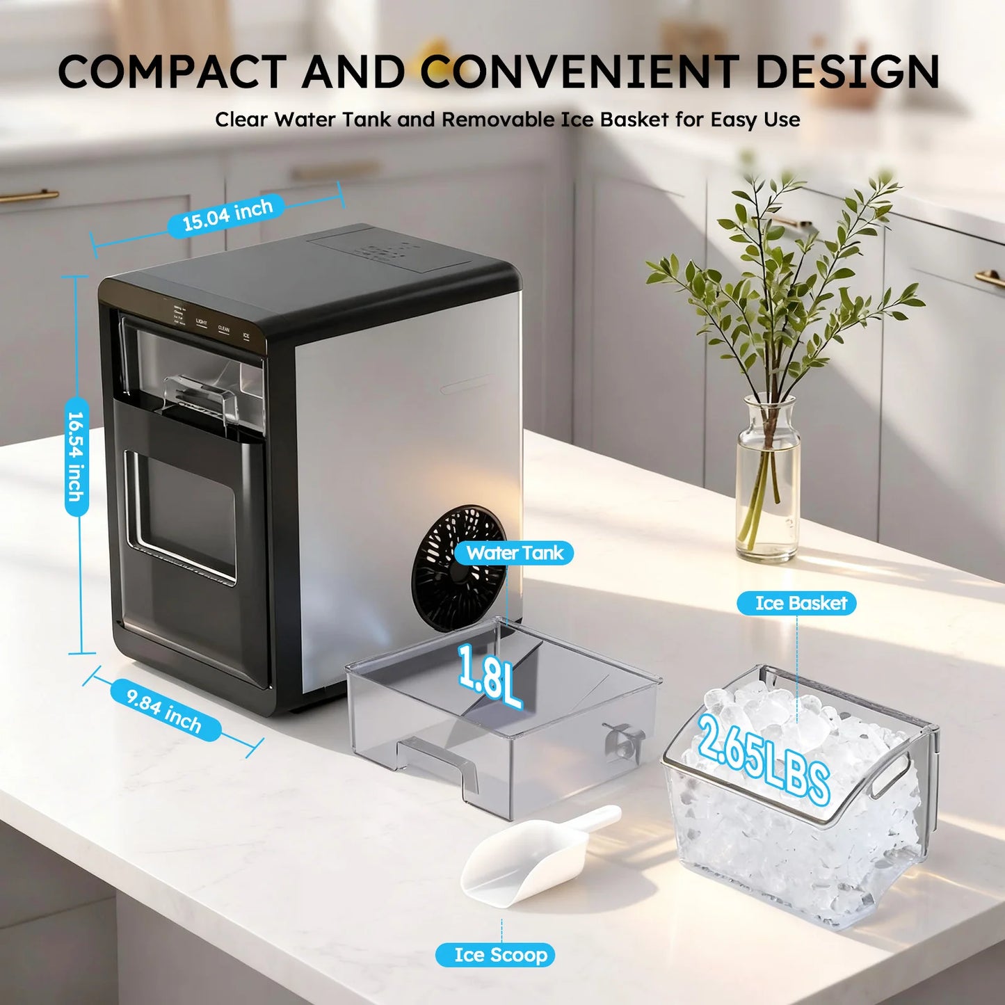 ShicuO Nugget Ice Maker Countertop 44 Pounds Per Day Self Cleaning