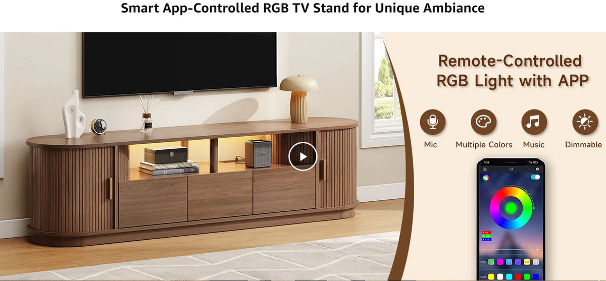 ONBRILL Modern TV Stand With Power Outlet And LED Lights
