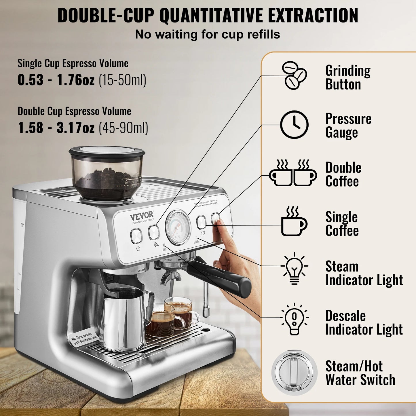 VEVOR Espresso Machine With Grinder And Milk Frother Steam Wand