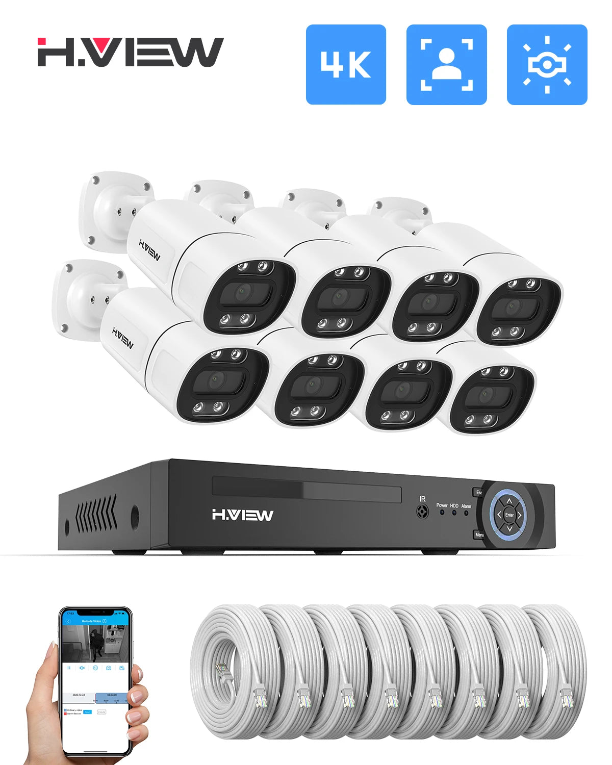H.VIEW 4K 8CH PoE CCTV Security Camera System With NVR And Xmeye App