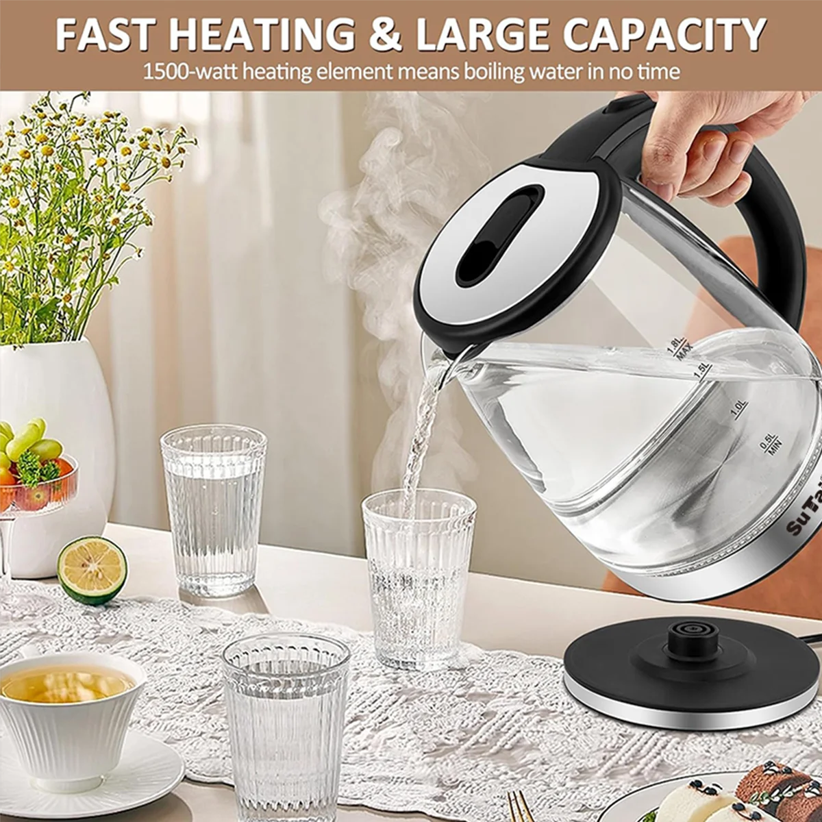 Electric Glass Water Kettle With Auto Shutoff And LED Light