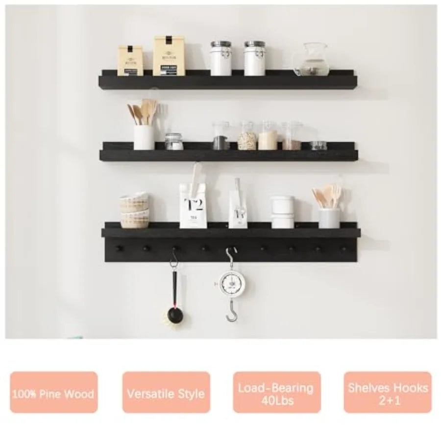 Floating Wooden Wall Shelves Nursery Floating Bookshelf for Room Wall Mount Book Shelves with Hooks for Livg Room Bedroom Bathr