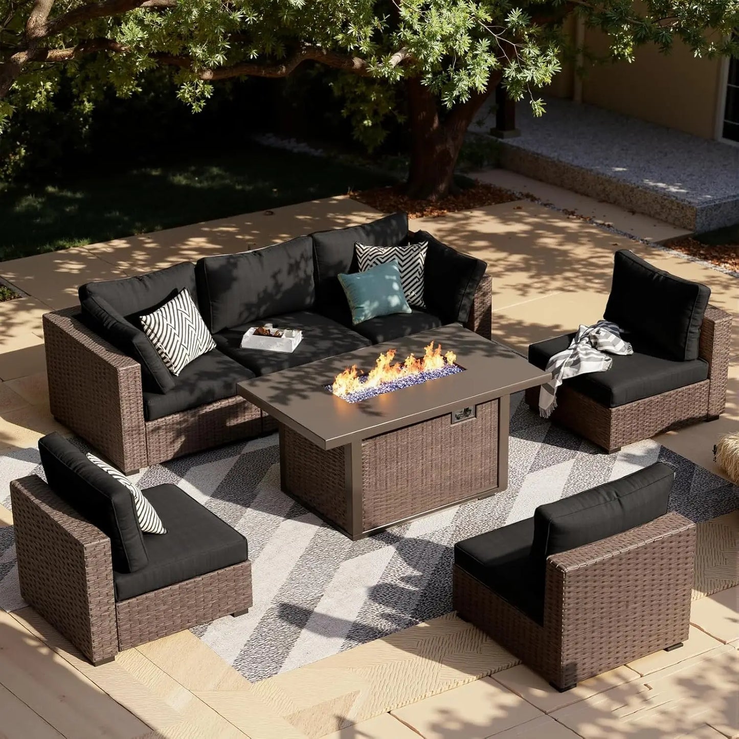 XIAOLANG 7 Piece Outdoor Patio Furniture Set With Propane Firepit Table