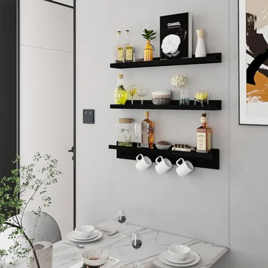 Floating Wooden Wall Shelves Nursery Floating Bookshelf for Room Wall Mount Book Shelves with Hooks for Livg Room Bedroom Bathr