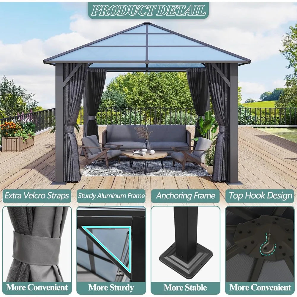 10'x10' Hardtop Gazebo, Outdoor Polycarbonate Roof Gazebo, Heavy Duty Metal Permanent Pavilion with Curtains & Netting