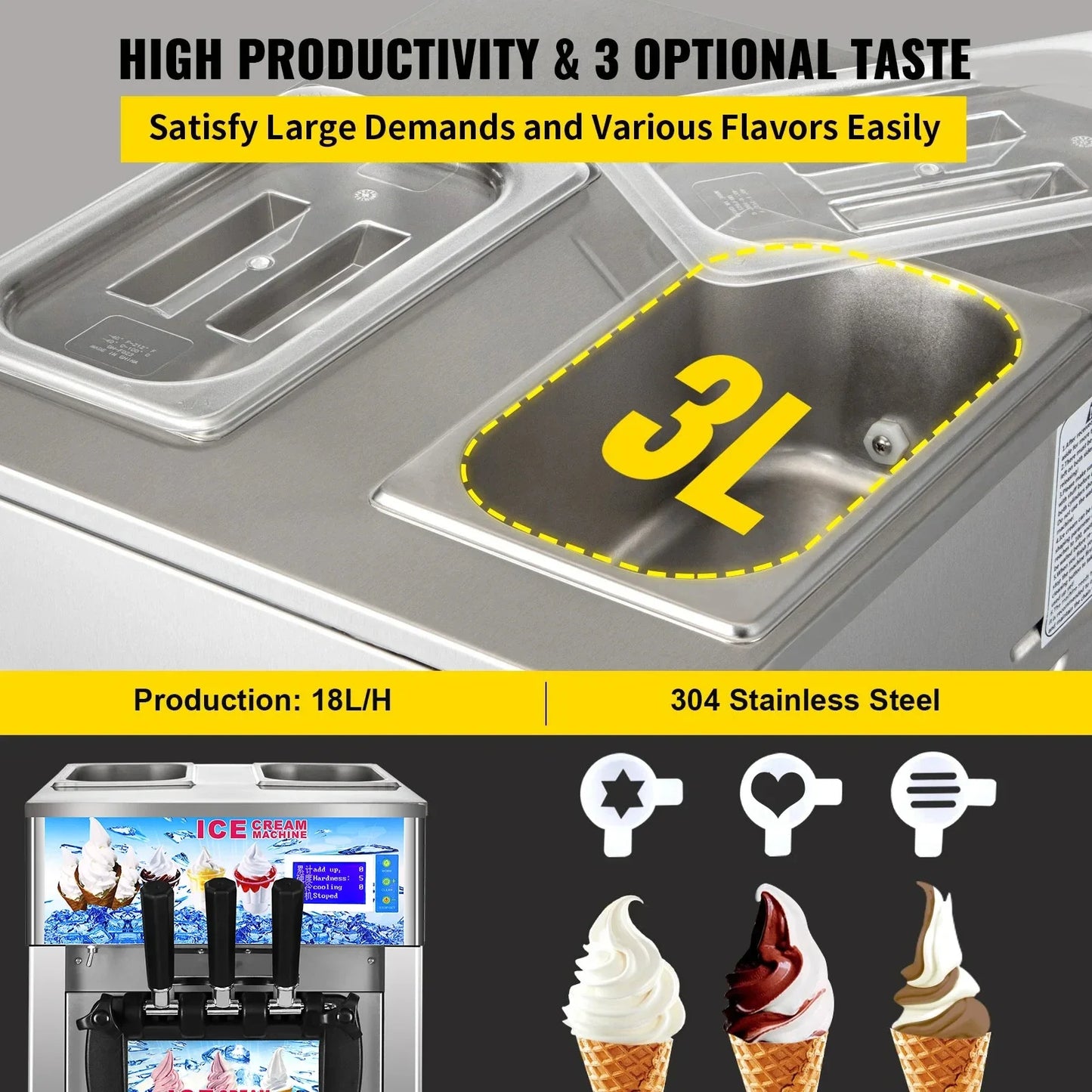 VEVOR Commercial Ice Cream Freezer Machine 3 Flavor Yogurt Maker