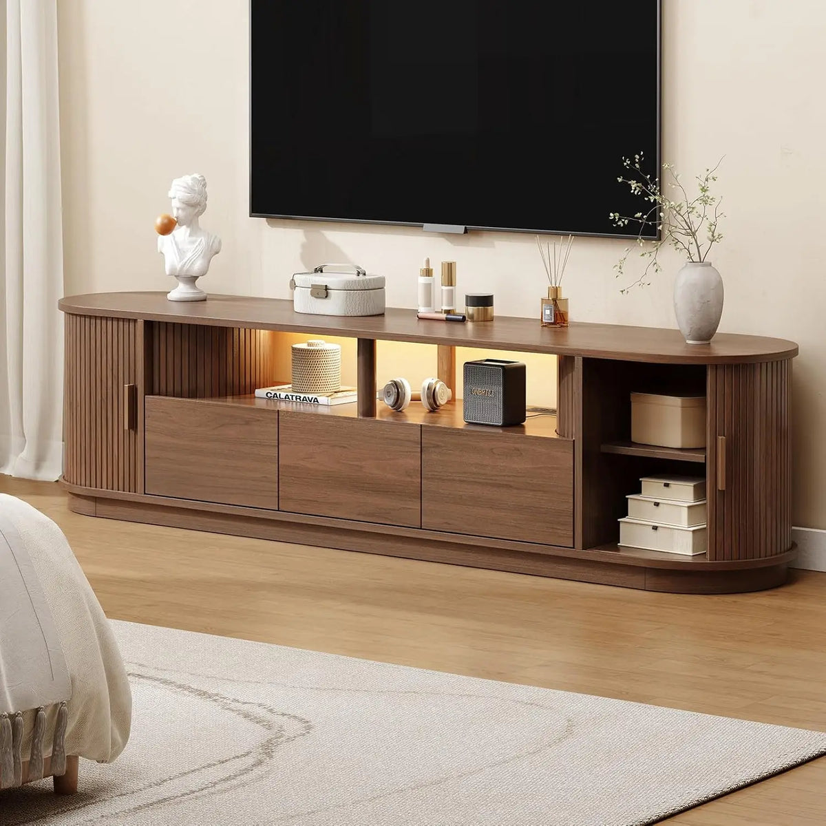 ONBRILL Modern TV Stand With Power Outlet And LED Lights