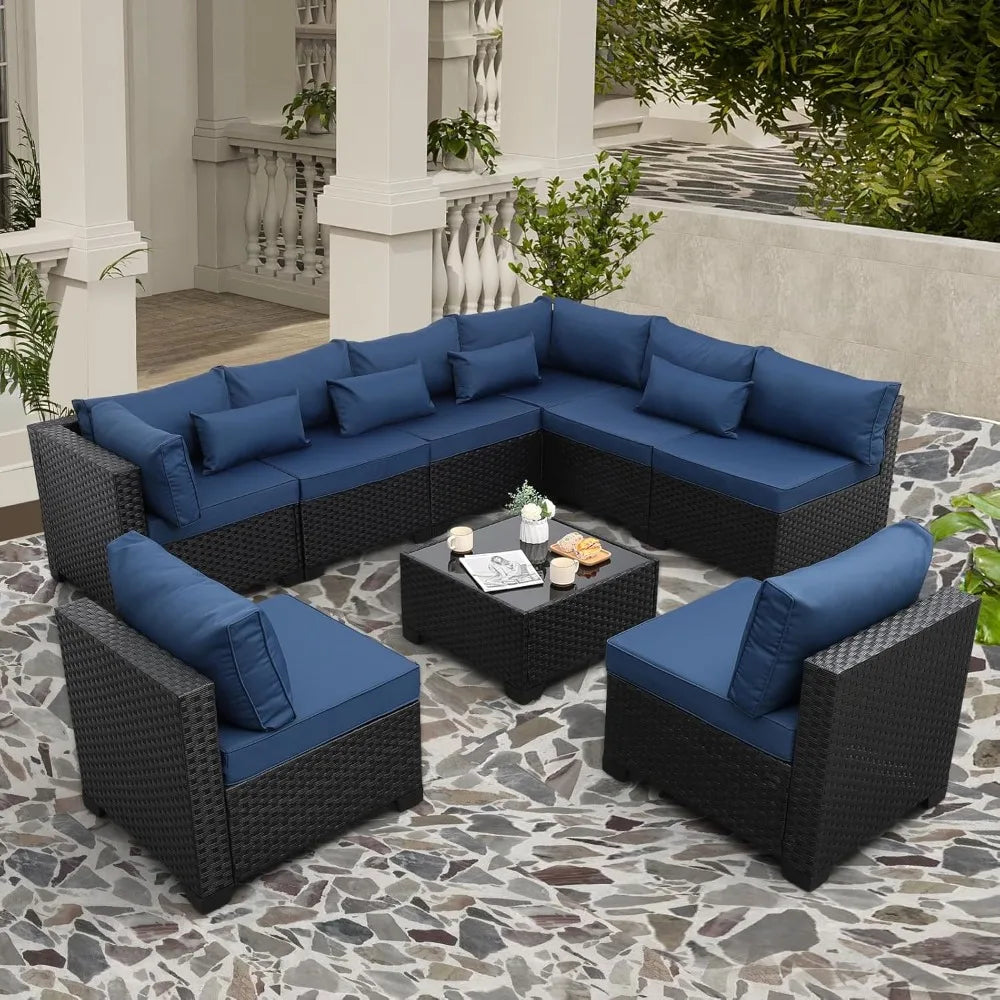 XIAOLANG Outdoor Sectional Wicker Patio Set With Glass Table