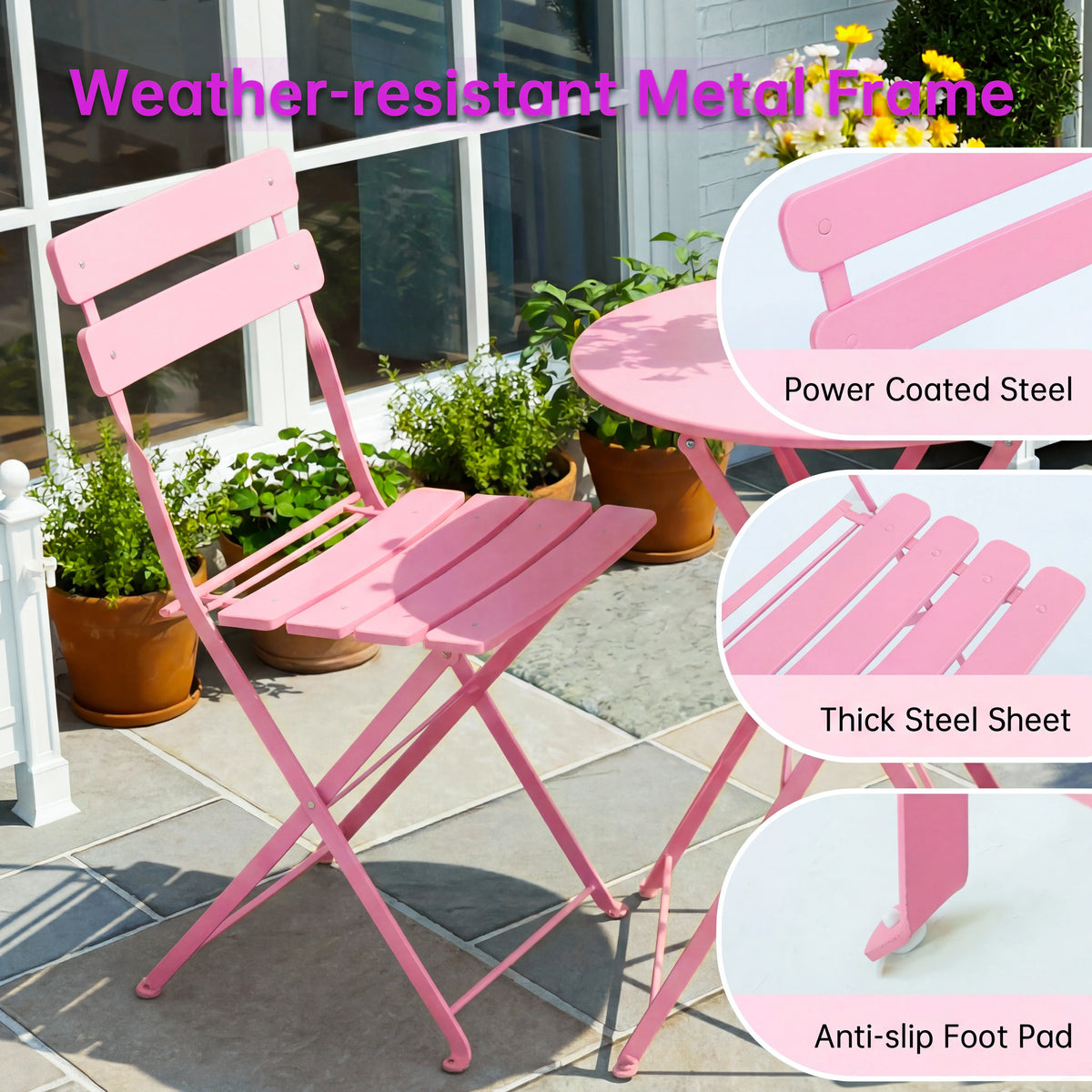 TUAREX Folding Steel Bistro Set For Outdoor Patio Dining