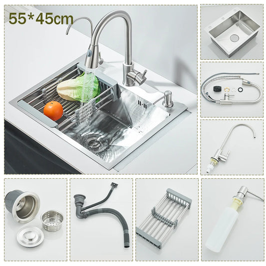 Stainless Steel Kitchen Sink Large Integrated Faucet Sink Dish Basin With Drain Basket Soap Dispenser/Pure Water/Cup Washer