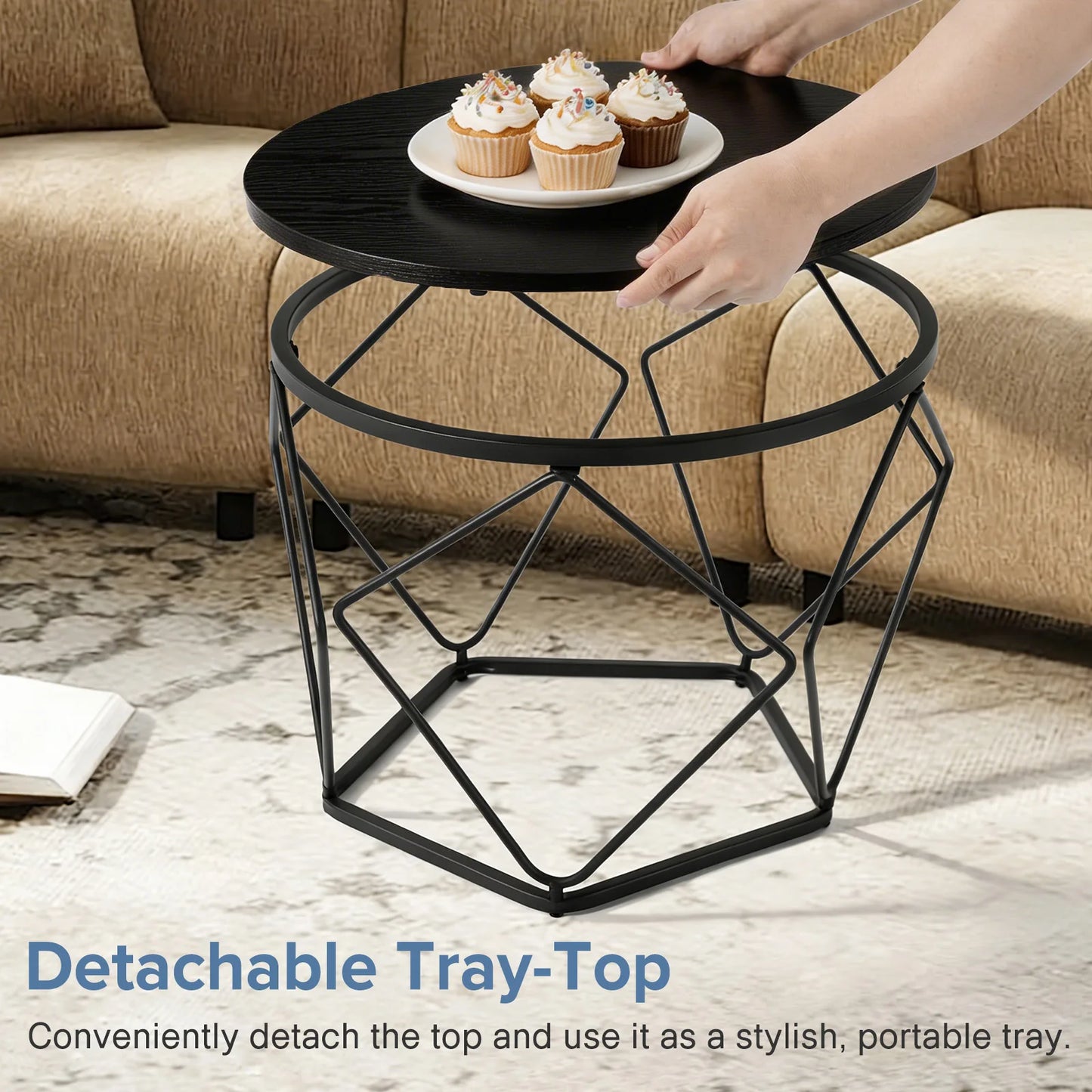 JHK Round Geometric Coffee Tables Set Of 2 With Storage