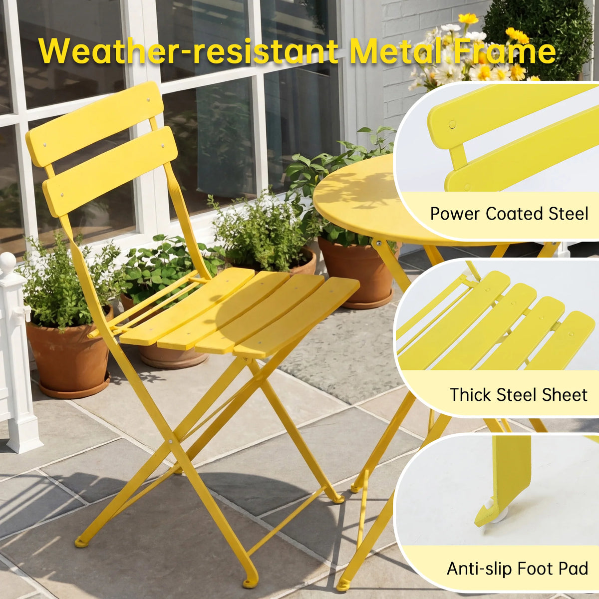 TUAREX Folding Steel Bistro Set For Outdoor Patio Dining