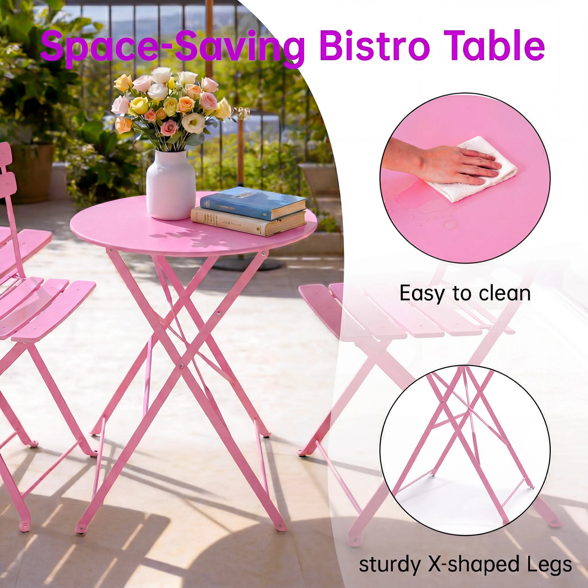TUAREX Folding Steel Bistro Set For Outdoor Patio Dining