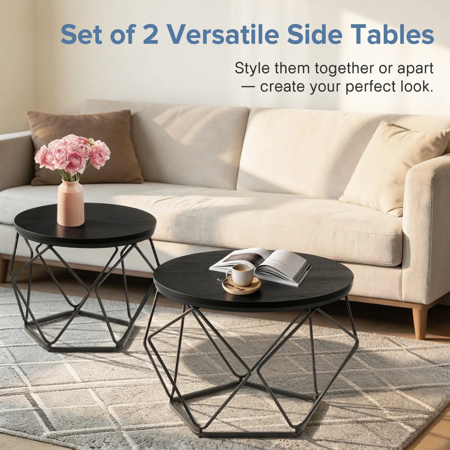 JHK Round Geometric Coffee Tables Set Of 2 With Storage