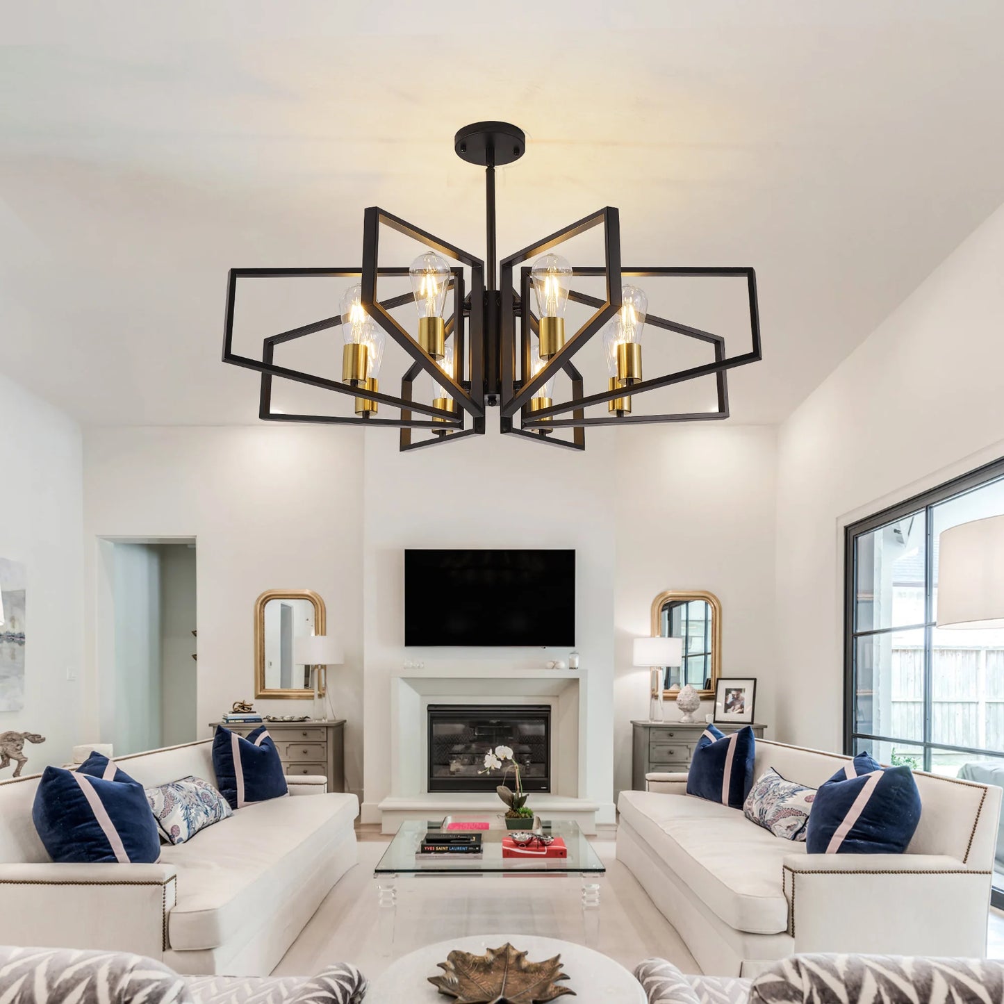 Modern 8 Light Geometric Chandelier With Adjustable Height Iron Pendant