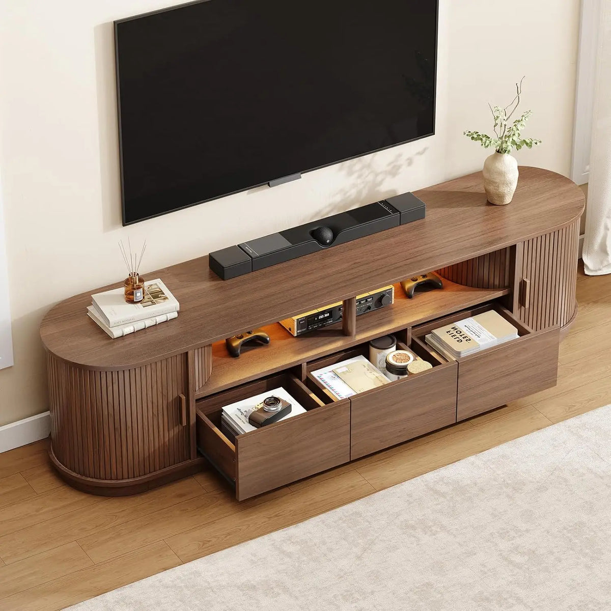 ONBRILL Modern TV Stand With Power Outlet And LED Lights