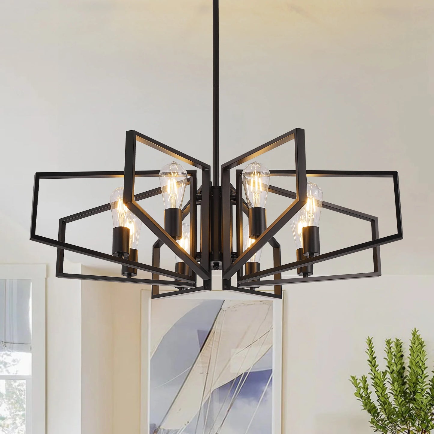 Modern 8 Light Geometric Chandelier With Adjustable Height Iron Pendant