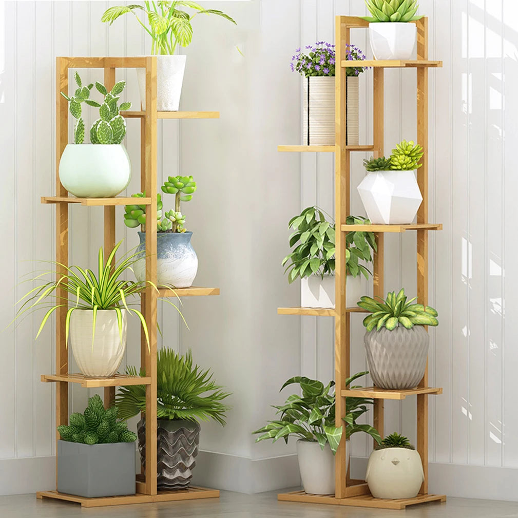 Six-Tier Bamboo Plant Stand Shelf For Indoor Outdoor Display