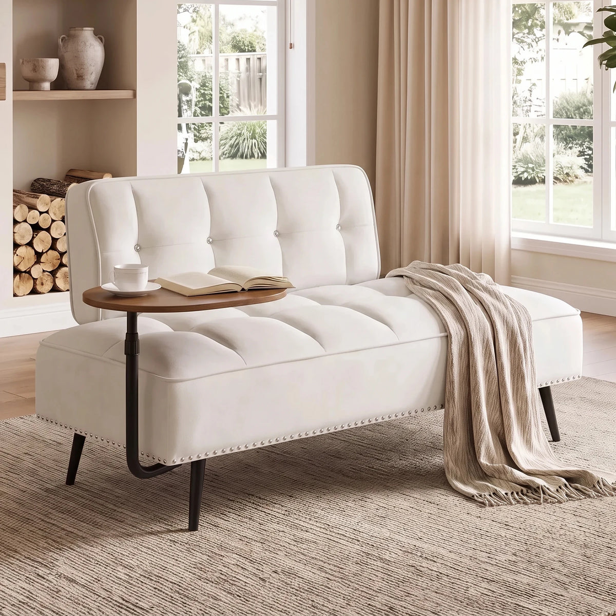 Modern Velvet Sofa With Backrest And Rotating Side Table