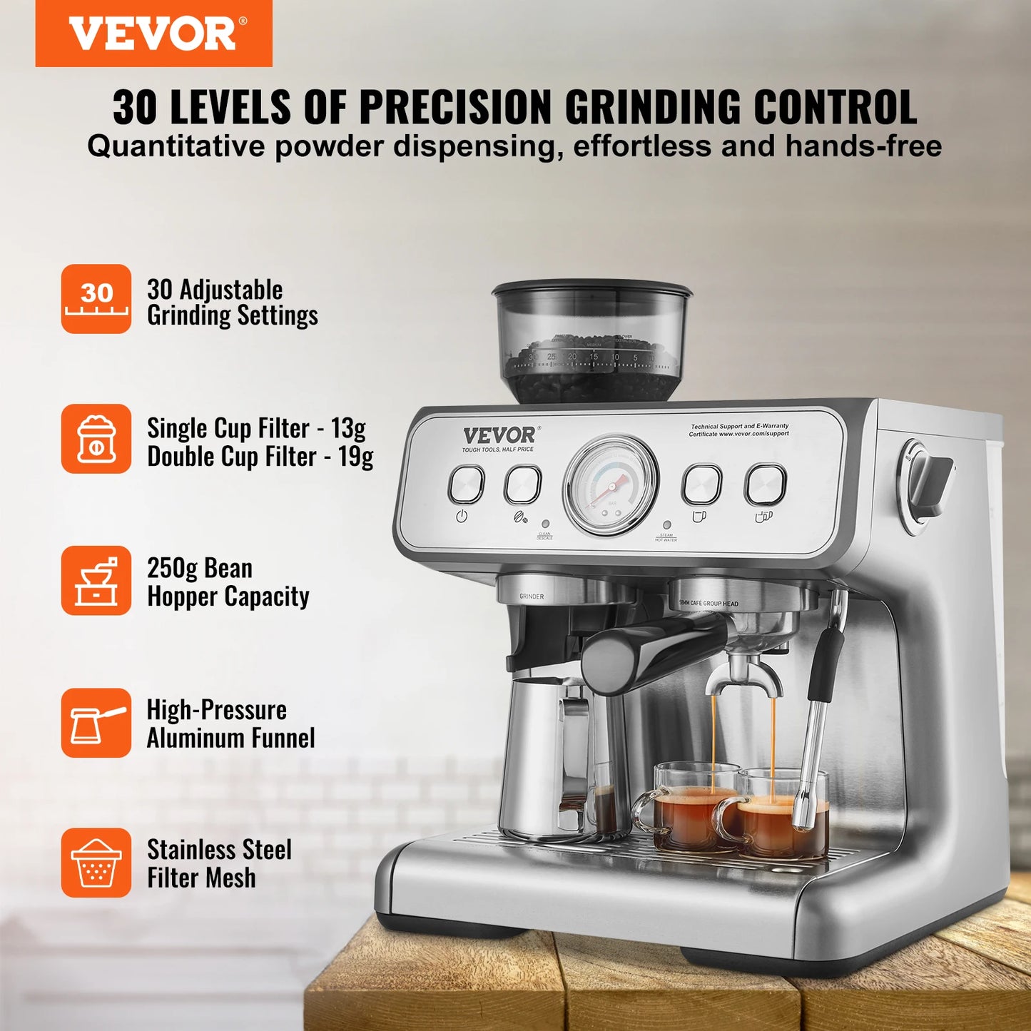 VEVOR Espresso Machine With Grinder And Milk Frother Steam Wand