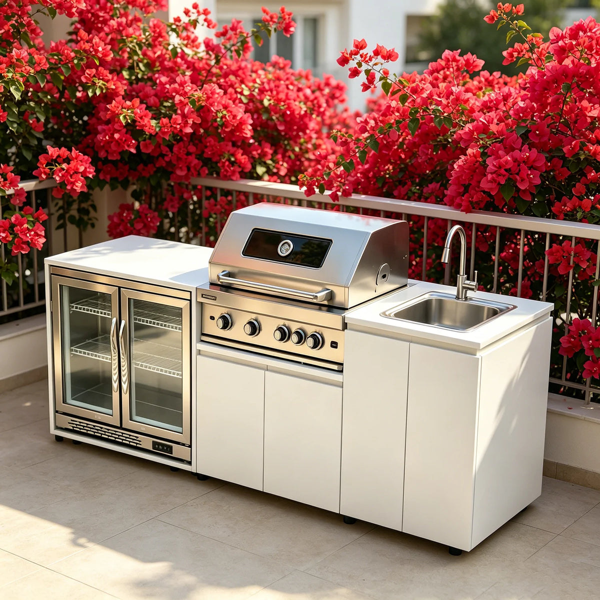 Stainless Steel Outdoor Kitchen BBQ Grill Cooktop Sink With Fridge