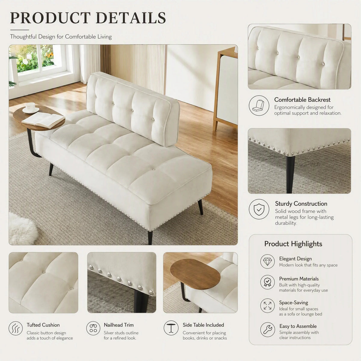 Modern Velvet Sofa With Backrest And Rotating Side Table