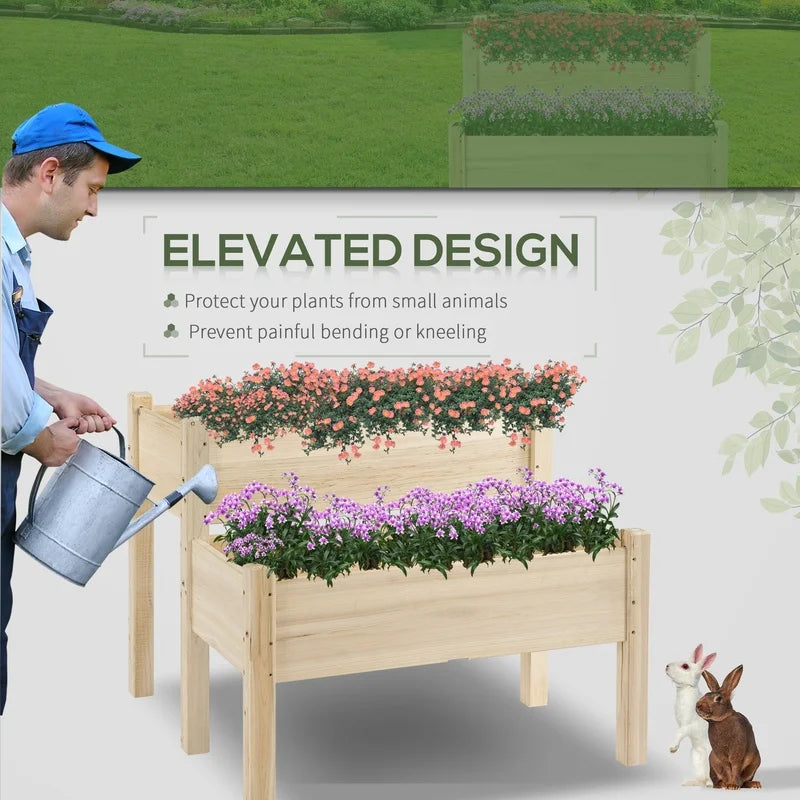 Two Tier Raised Wood Garden Bed for Vegetables and Herbs