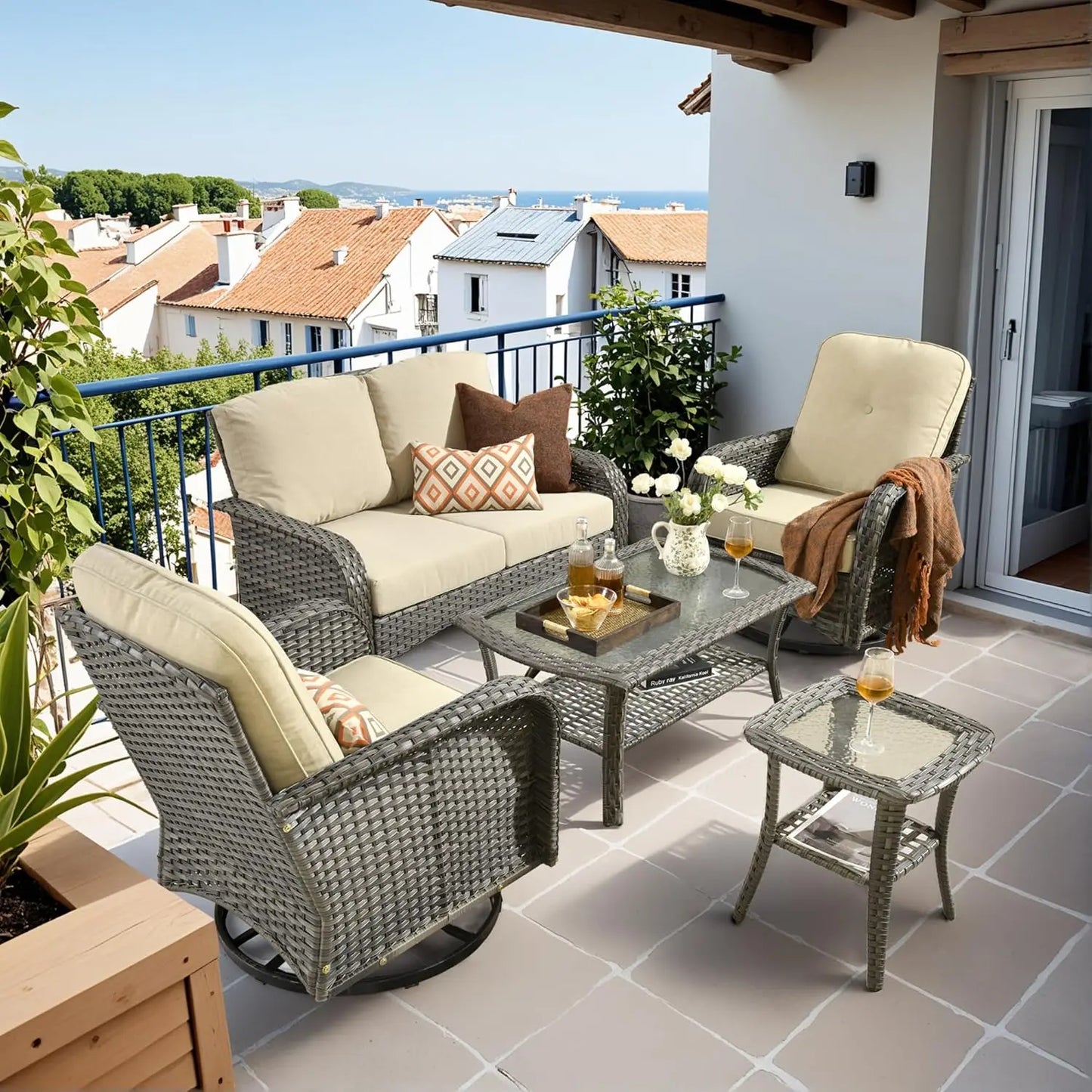 All Weather Wicker Patio Conversation Set 5 Piece Swivel Rocking Chairs Table