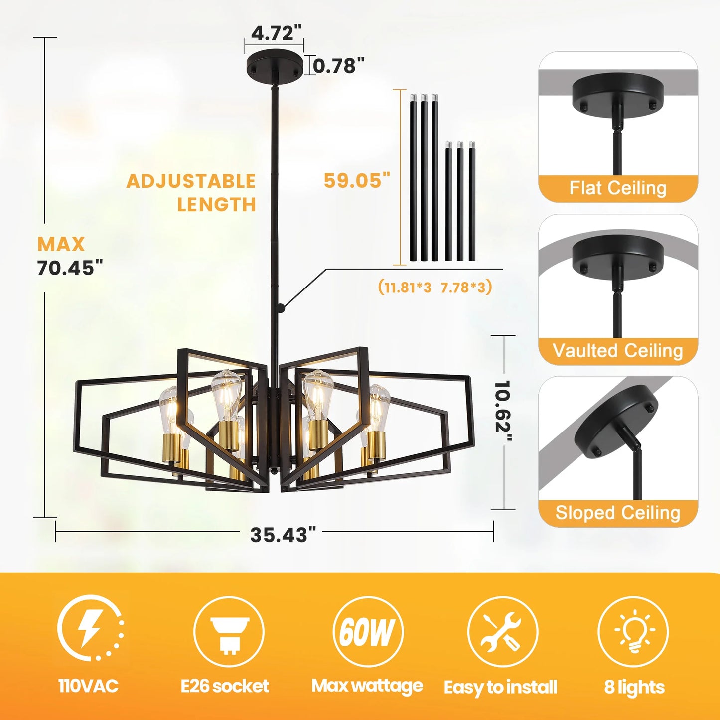 Modern 8 Light Geometric Chandelier With Adjustable Height Iron Pendant