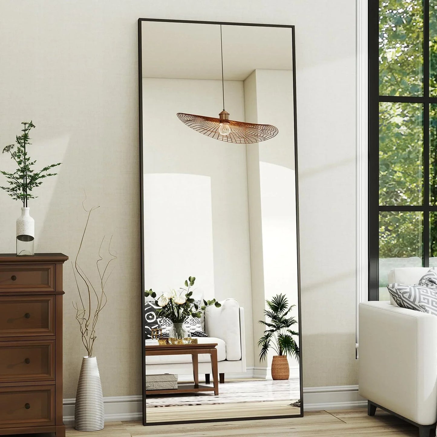 Black Full Length Mirror with Stand Wall Mounted Full Body Mirror for Home Fitness And Wardrobe 4mm HD Tempered Glass