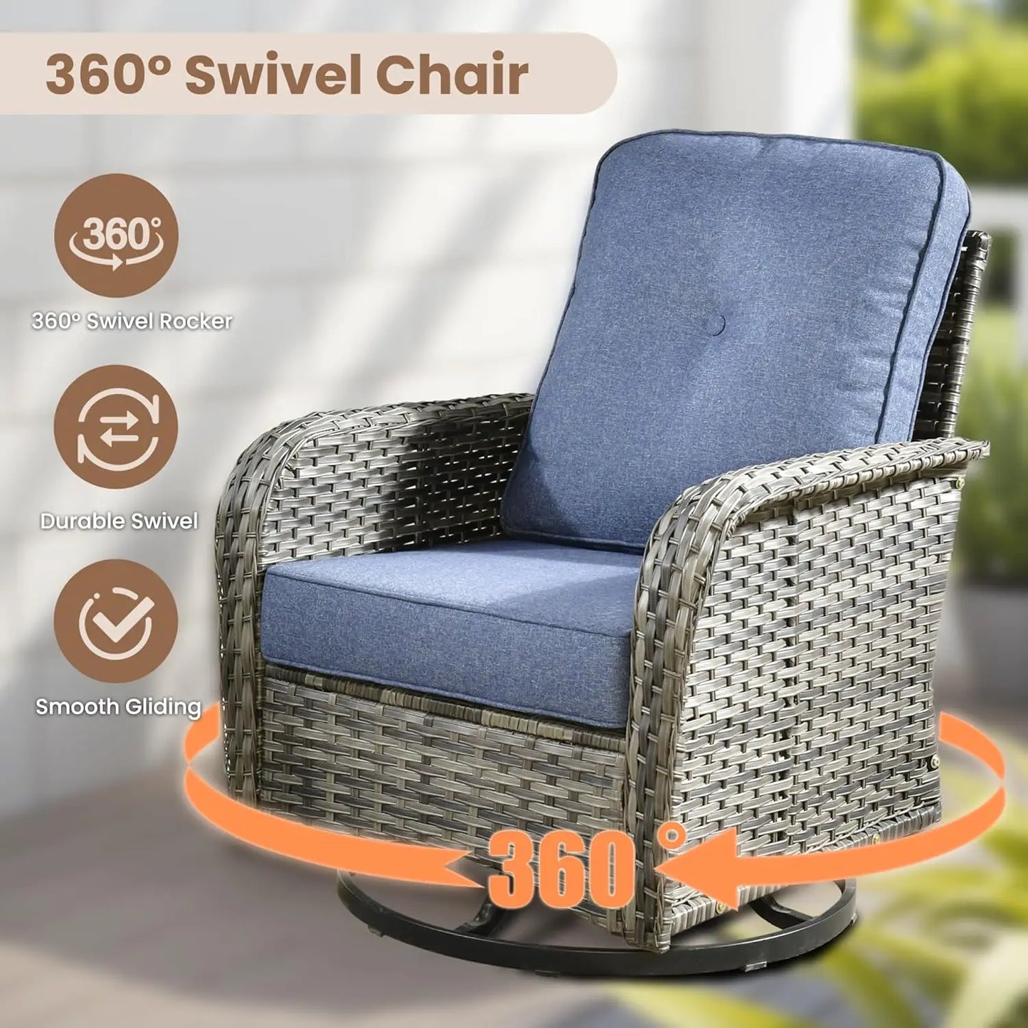 All Weather Wicker Patio Conversation Set 5 Piece Swivel Rocking Chairs Table