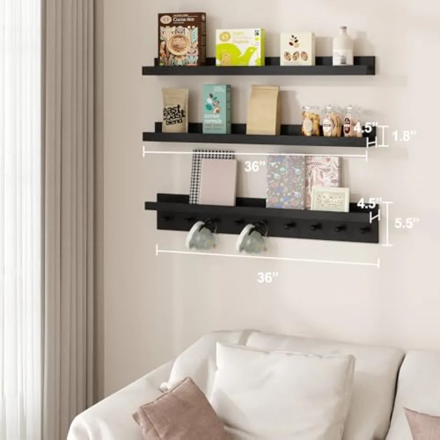 Floating Wooden Wall Shelves Nursery Floating Bookshelf for Room Wall Mount Book Shelves with Hooks for Livg Room Bedroom Bathr
