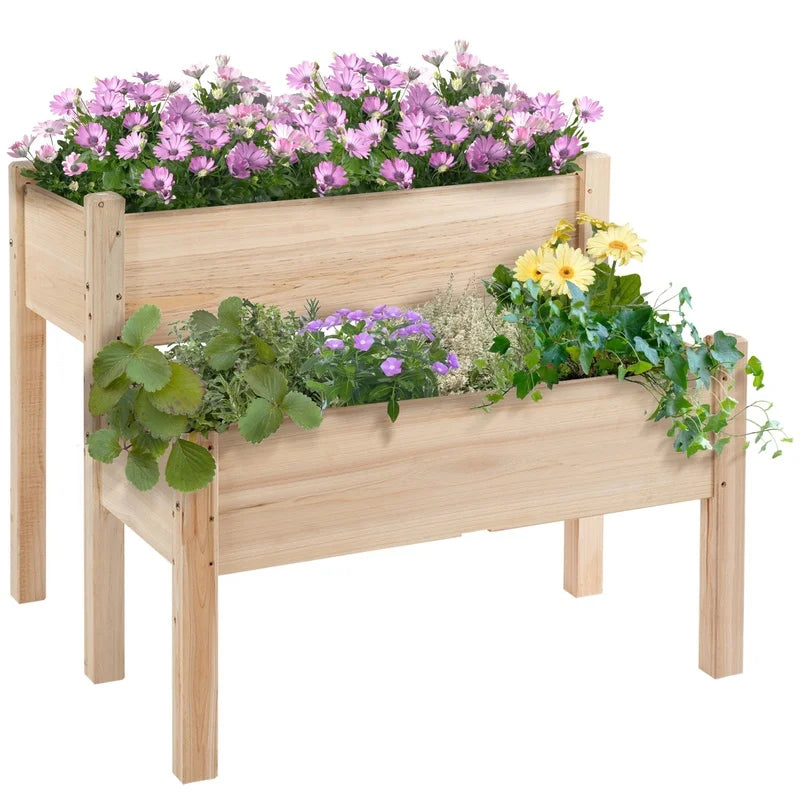 Two Tier Raised Wood Garden Bed for Vegetables and Herbs