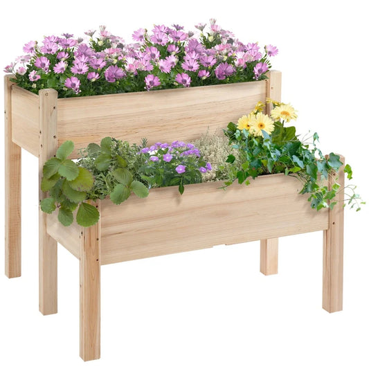 Two Tier Raised Wood Garden Bed for Vegetables and Herbs