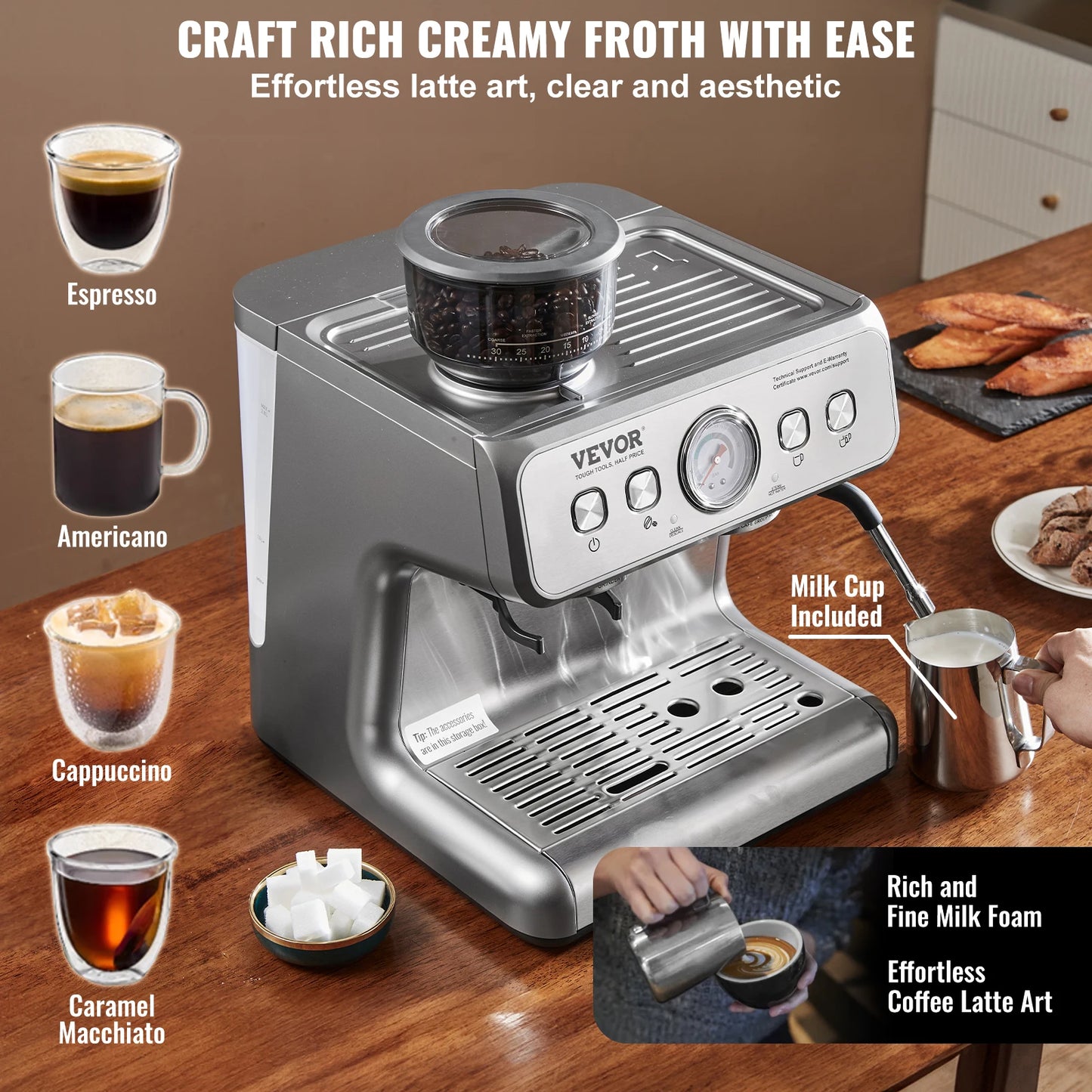 VEVOR Espresso Machine With Grinder And Milk Frother Steam Wand
