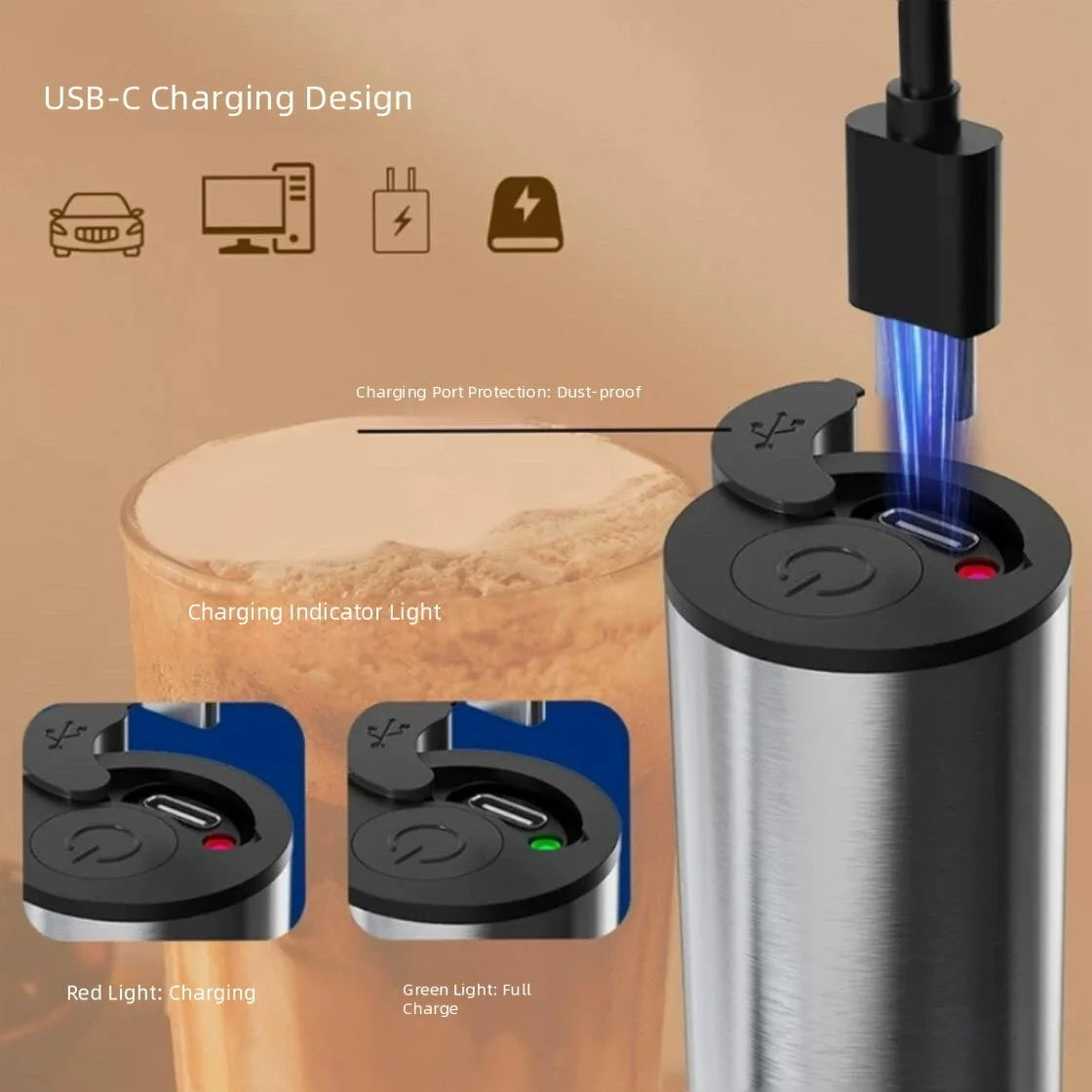 Rechargeable Stainless Steel Milk Frother With Two Speed Settings