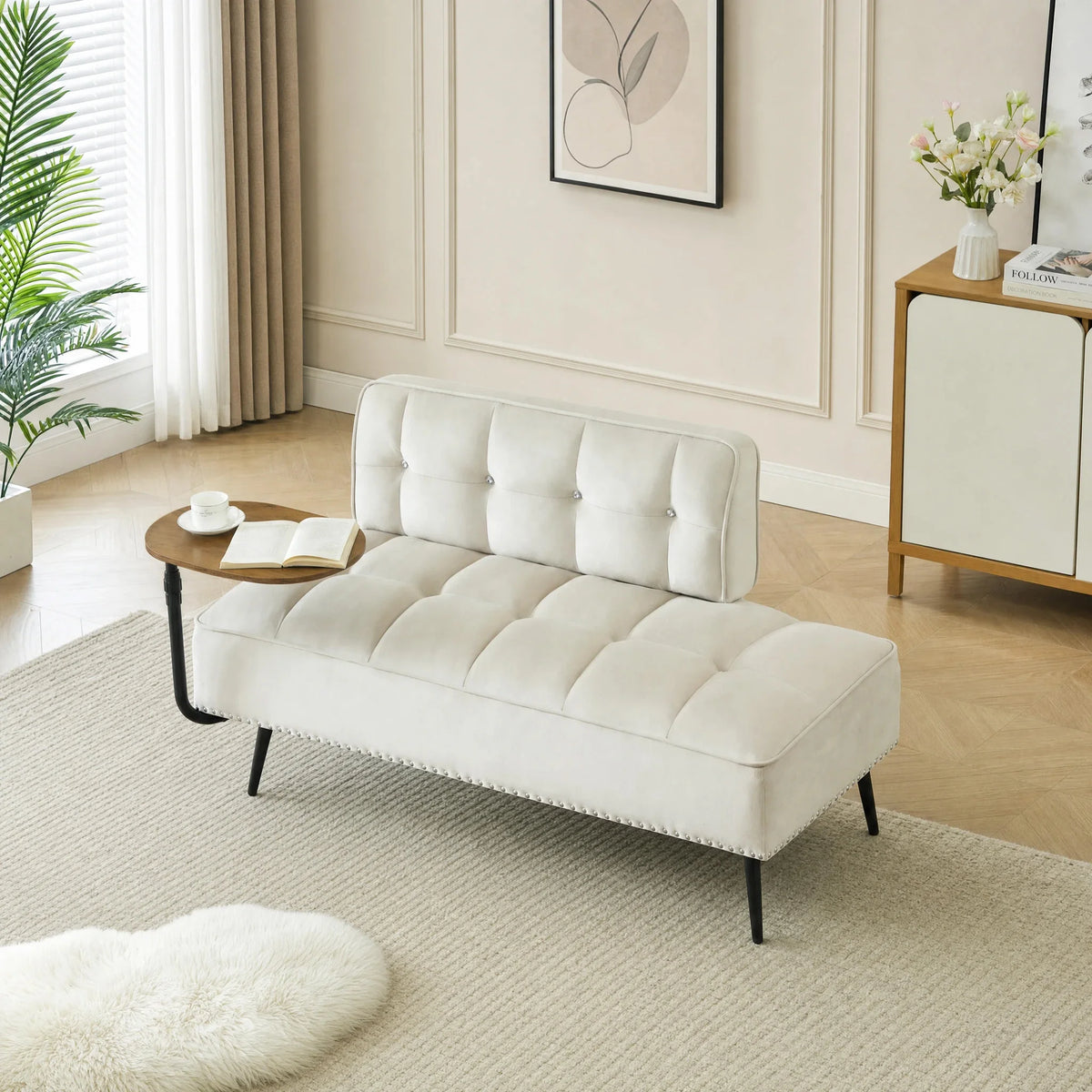 Modern Velvet Sofa With Backrest And Rotating Side Table
