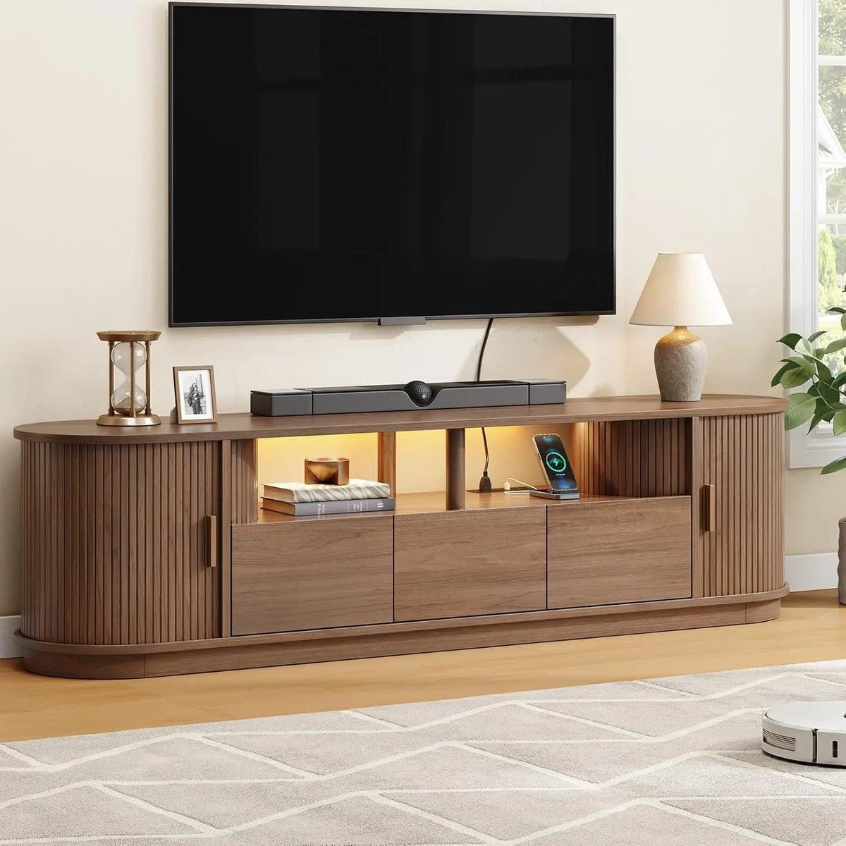 ONBRILL Modern TV Stand With Power Outlet And LED Lights