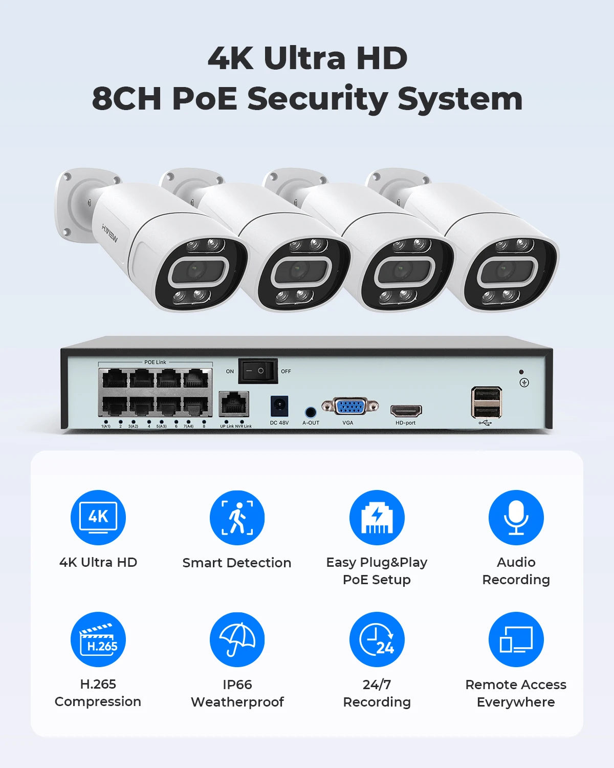 H.VIEW 4K 8CH PoE CCTV Security Camera System With NVR And Xmeye App