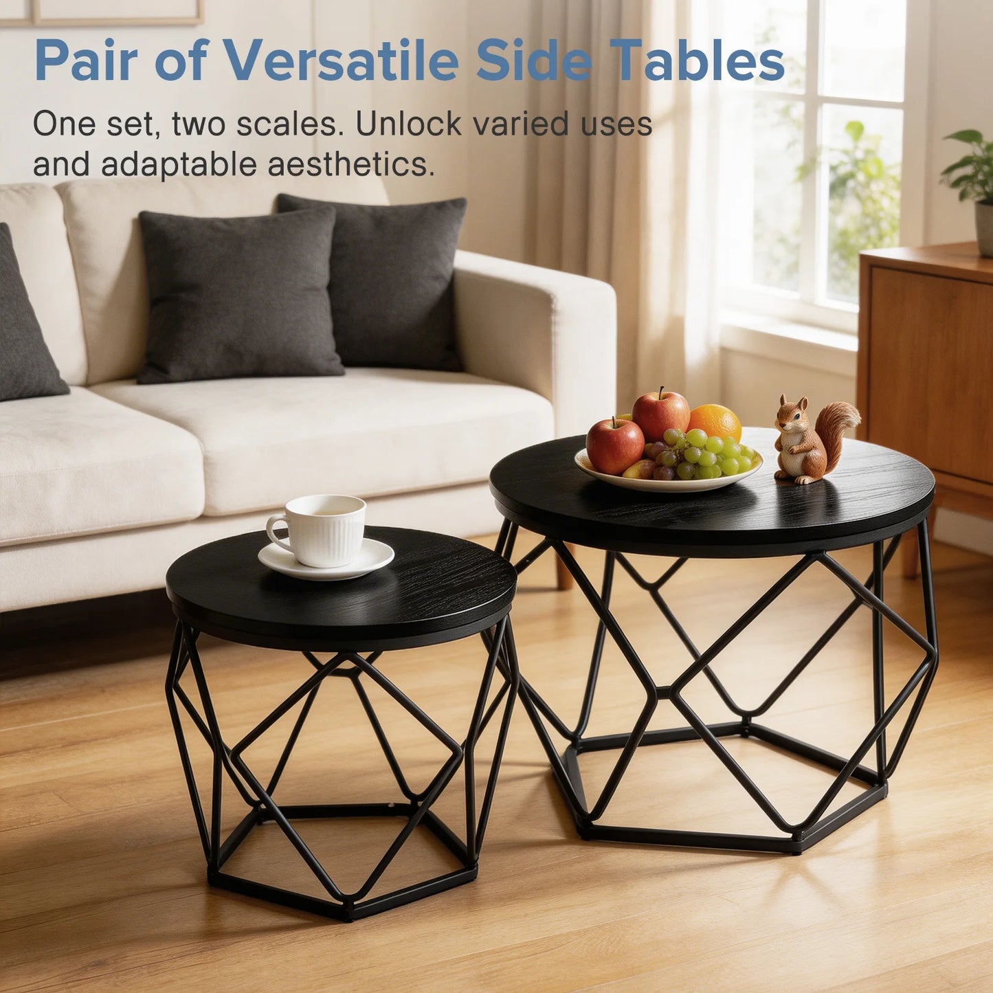 JHK Round Geometric Coffee Tables Set Of 2 With Storage