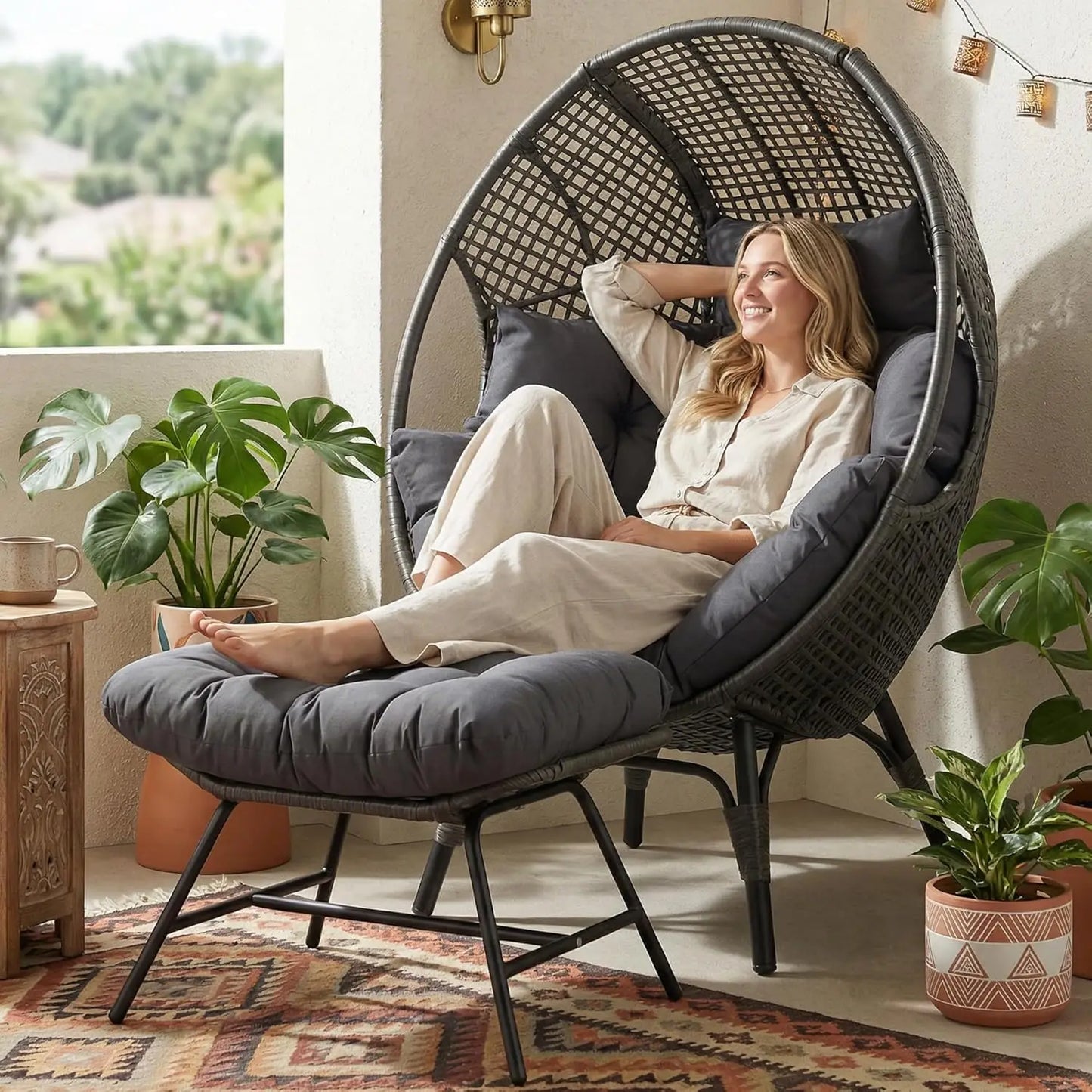 Rattan Egg Chair With Ottoman For Indoor Outdoor Use