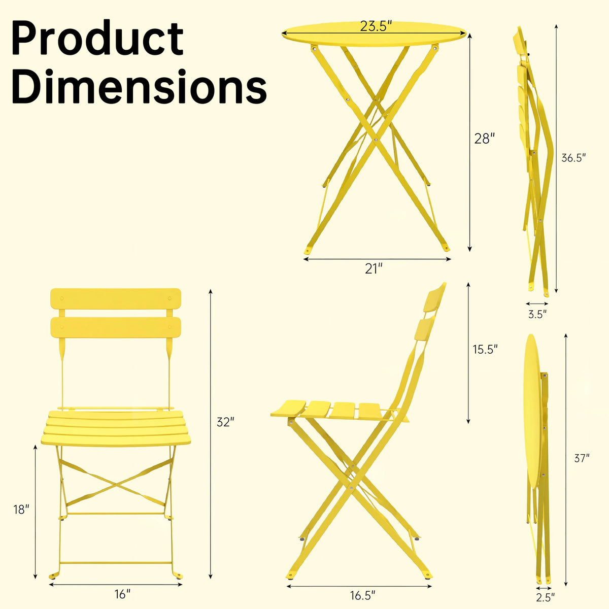 TUAREX Folding Steel Bistro Set For Outdoor Patio Dining