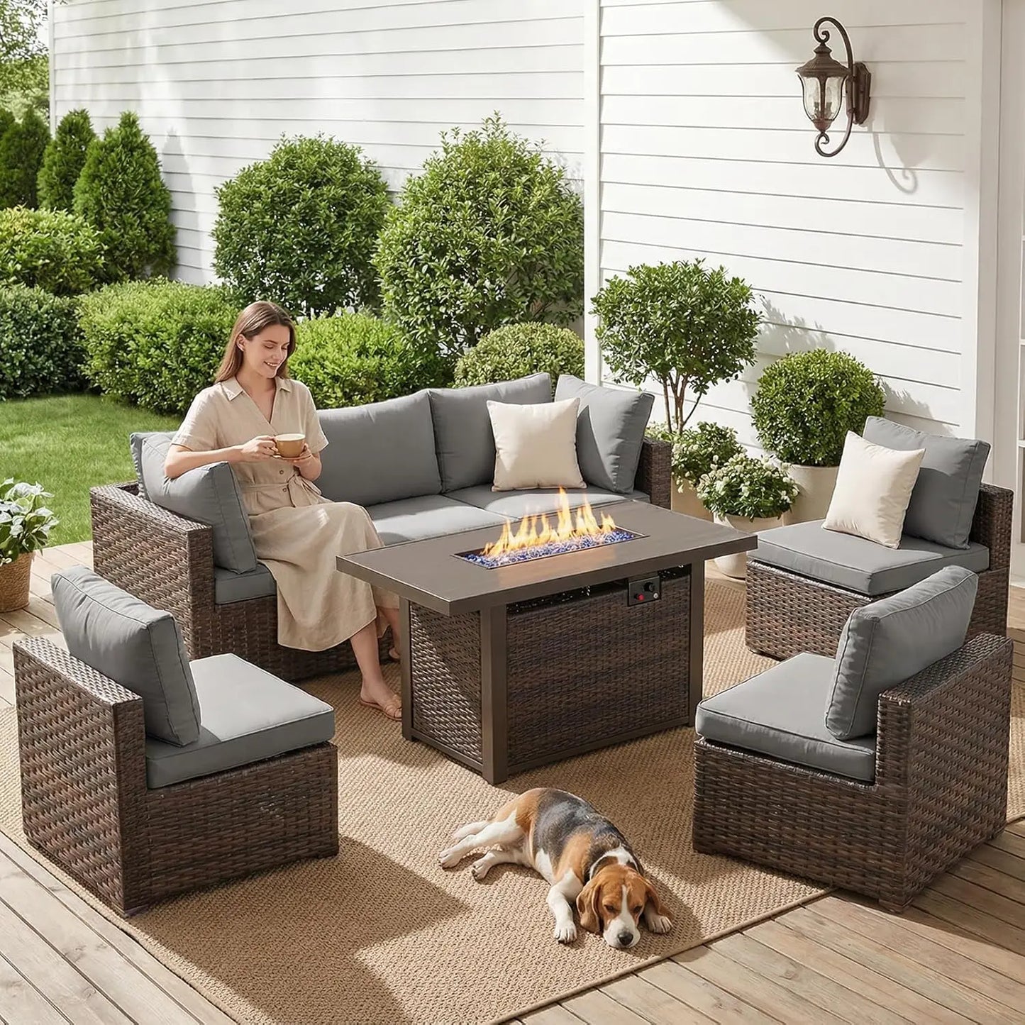 XIAOLANG 7 Piece Outdoor Patio Furniture Set With Propane Firepit Table