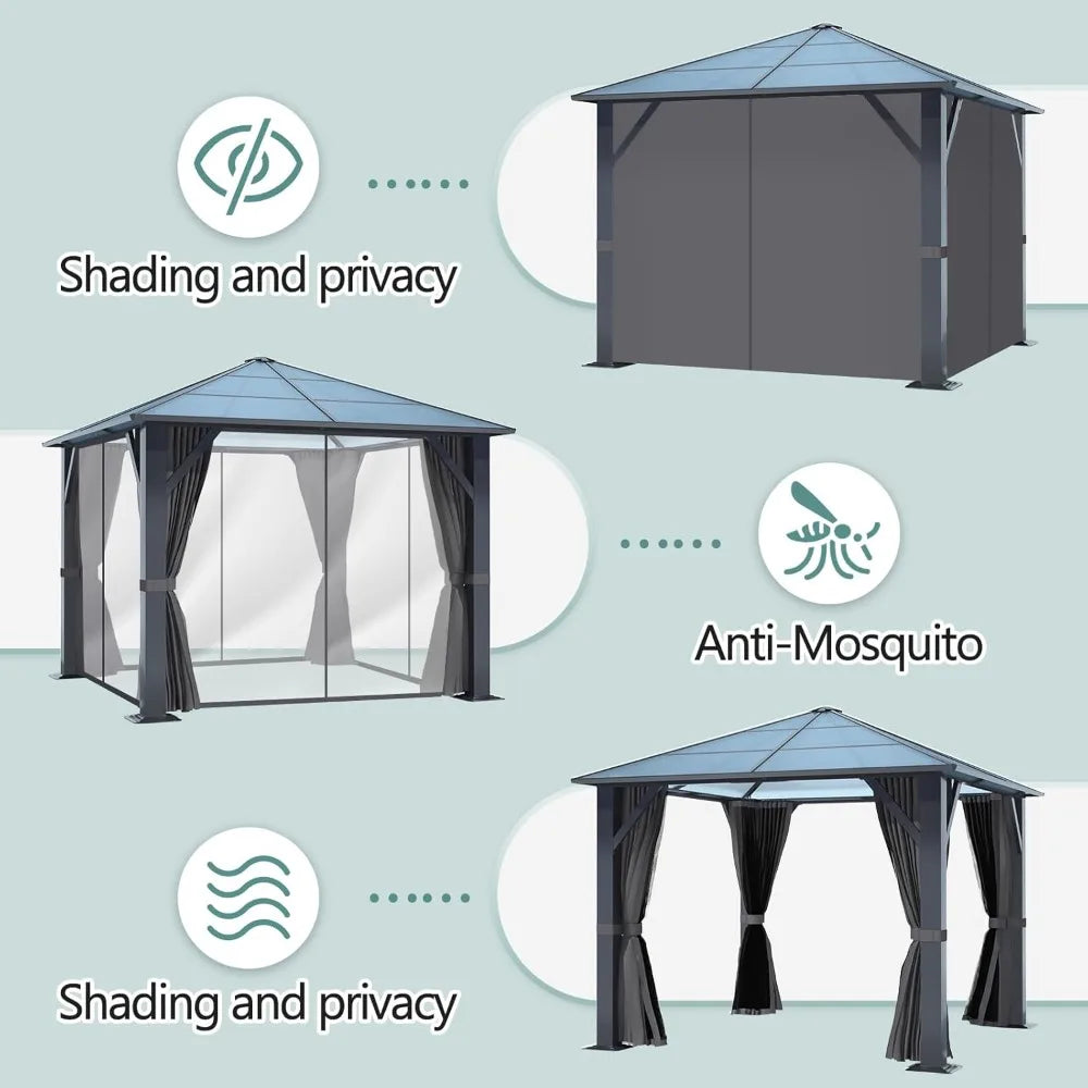 10'x10' Hardtop Gazebo, Outdoor Polycarbonate Roof Gazebo, Heavy Duty Metal Permanent Pavilion with Curtains & Netting