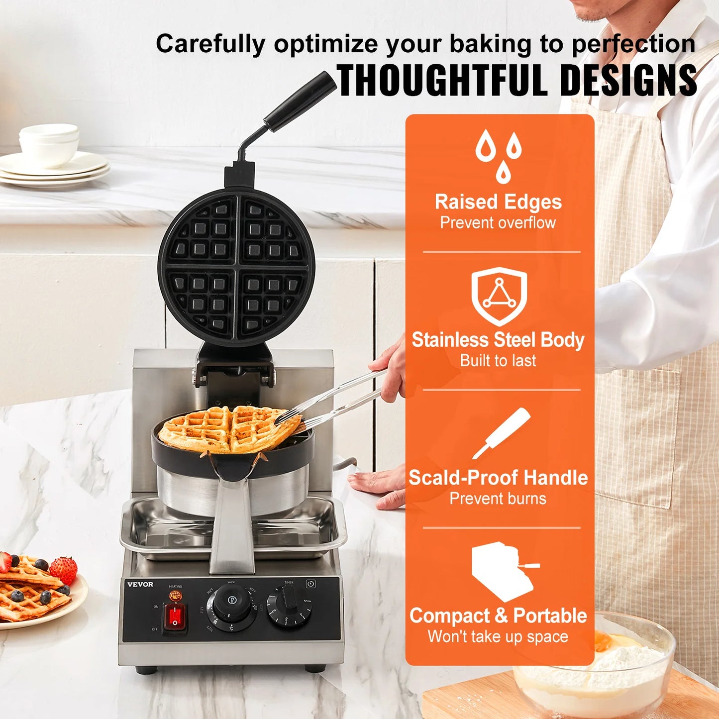 SucceBuy Electric Waffle Maker Stainless Steel Nonstick Round Waffle Iron