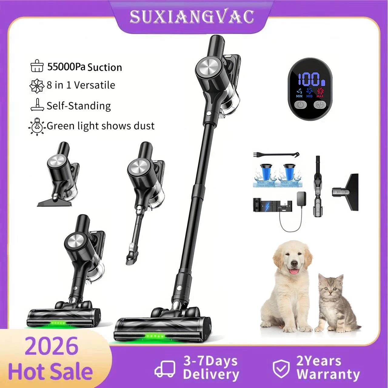 SUXIANGVAC Cordless Vacuum Cleaner 55KPa Suction 55 Minute Run Time